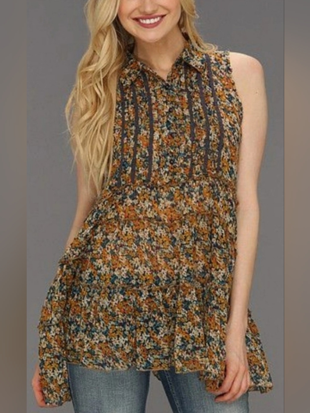 Free People After Dark Garden Sleeveless Multicolored Floral Cotton Top Size Med